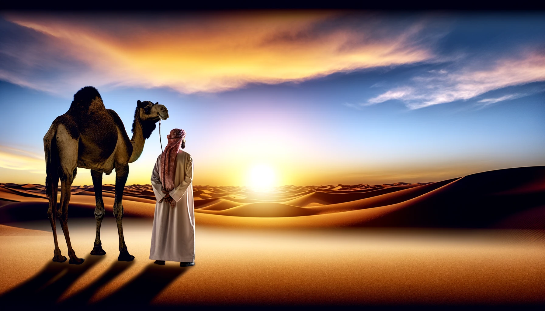 -A-realistic-photo-like-image-featuring-a-Bedouin-standing-with-his-back-to-the-camera-looking-at-the-setting-sun-with-a-camel-standing-beside-him