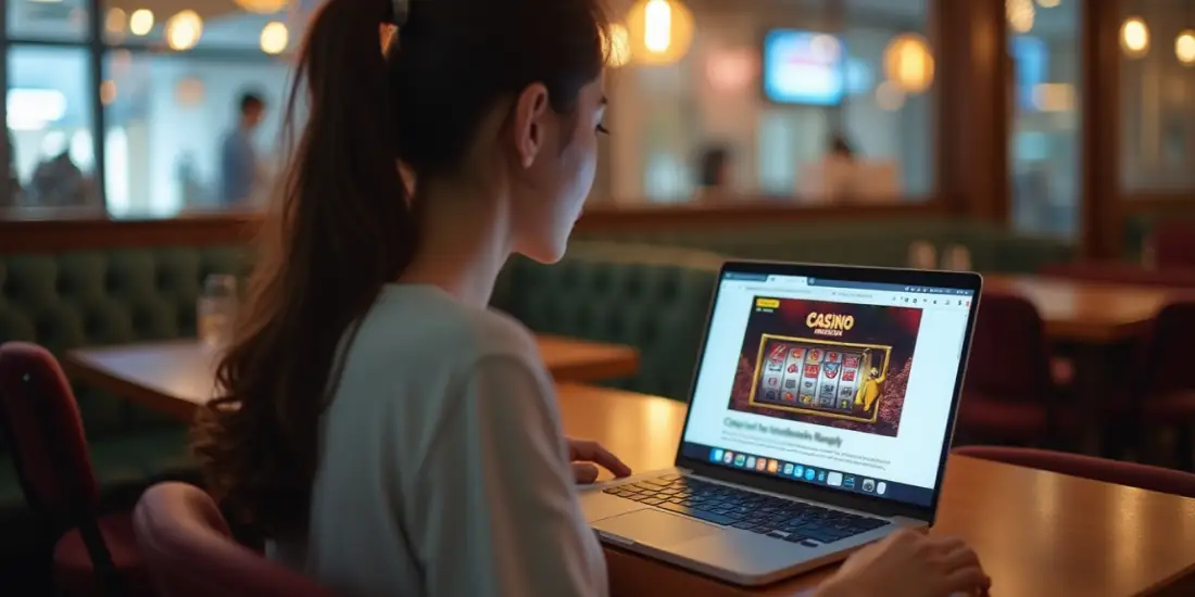 girl reading casino news on her laptop